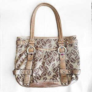 Kathy Van Zeeland Crown Print Canvas Studded Y2K Purse Shoulder / Hand Bag Beige